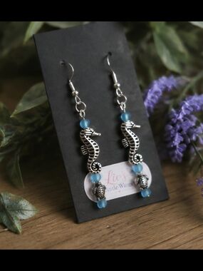 Silver Seahorse & Sea Turtle Drop Earrings with Blue Beads